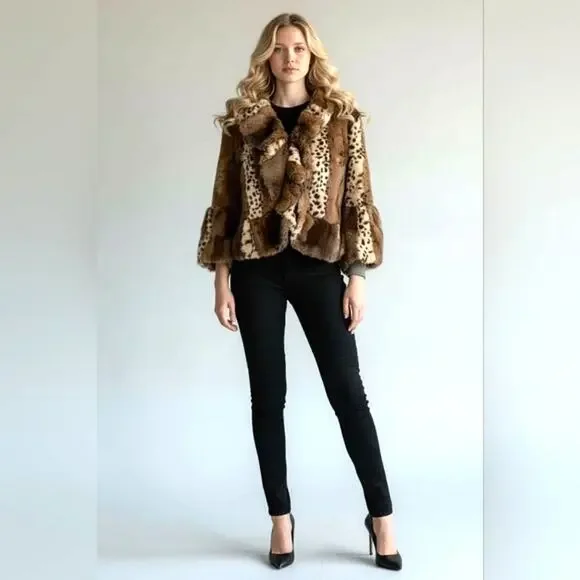 Y2K Pea Coat Sz M Faux Leopard Patchwork Animal Print Jacket Cropped Bell Ruffle - Picture 3 of 15
